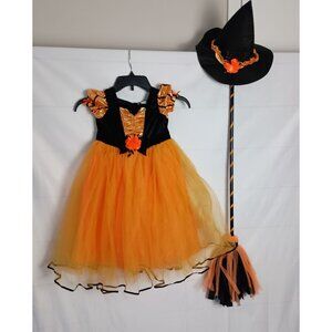 Girls Witch Costume 3pc Set 2T 3T Dress Hat Broom Halloween Outfit Worn Once
